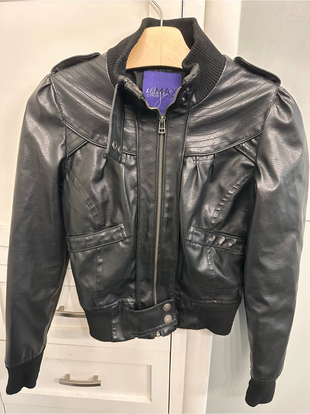 Miley Cyrus Max Azria Black Bomber Women Size Small faux Leather Jacket